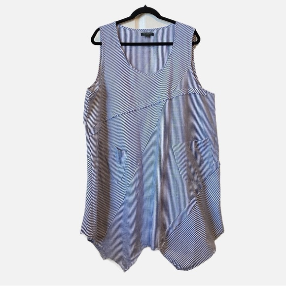 For Cynthia Linen Cotton Blend Boho Shark Bite Hem Pinstriped Dress Women’s 2X - Picture 1 of 8